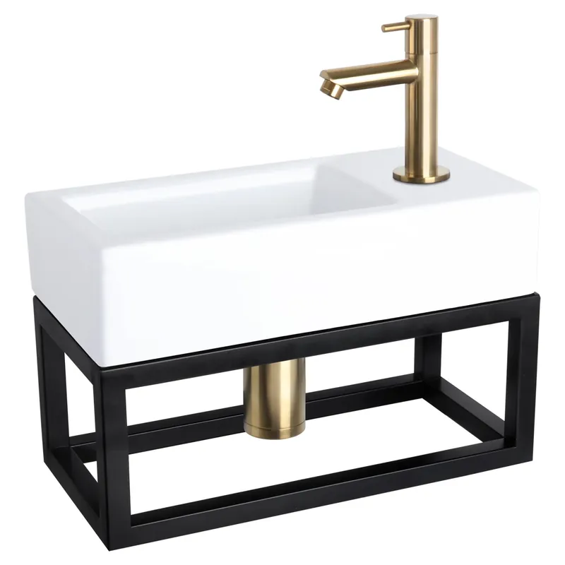 Differnz Ravo fonteinset keramiek - kraan recht - met handdoekrek - 38.5 x 18.5 x 9 cm - mat goud Nu Kopen