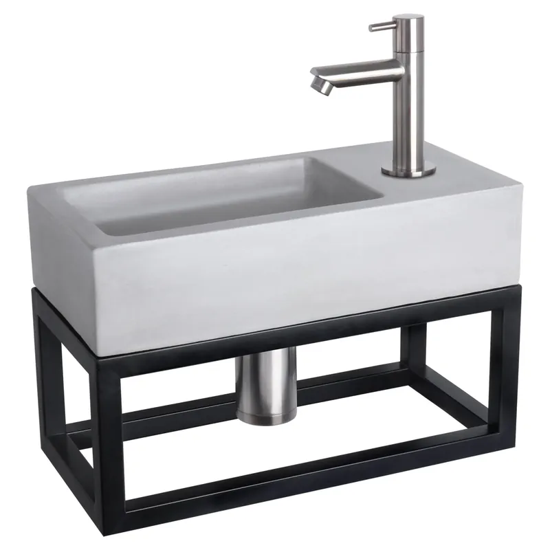 Differnz Ravo fonteinset beton lichtgrijs - kraan recht - met handdoekrek - 38.5 x 18.5 x 9 cm - mat chroom Betaalbaar