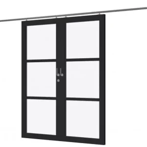 Steellook schuifdeur dubbel zwart gespoten Douglas 2st. 88×227,4cm incl hang en sluitwerk Op = Op