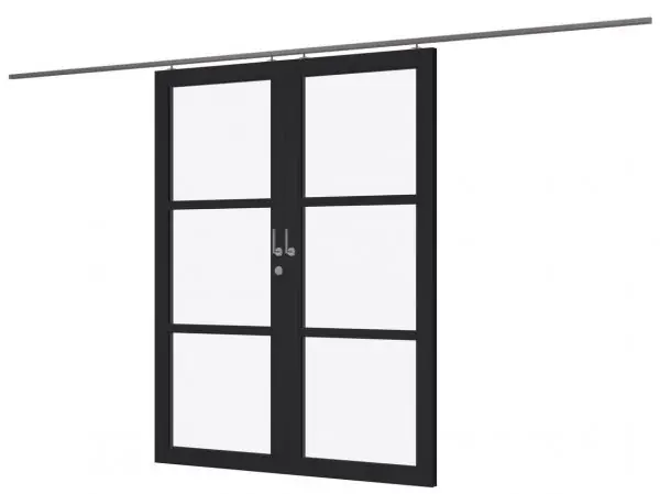 Steellook schuifdeur dubbel zwart gespoten Douglas 2st. 88×227,4cm incl hang en sluitwerk Op = Op