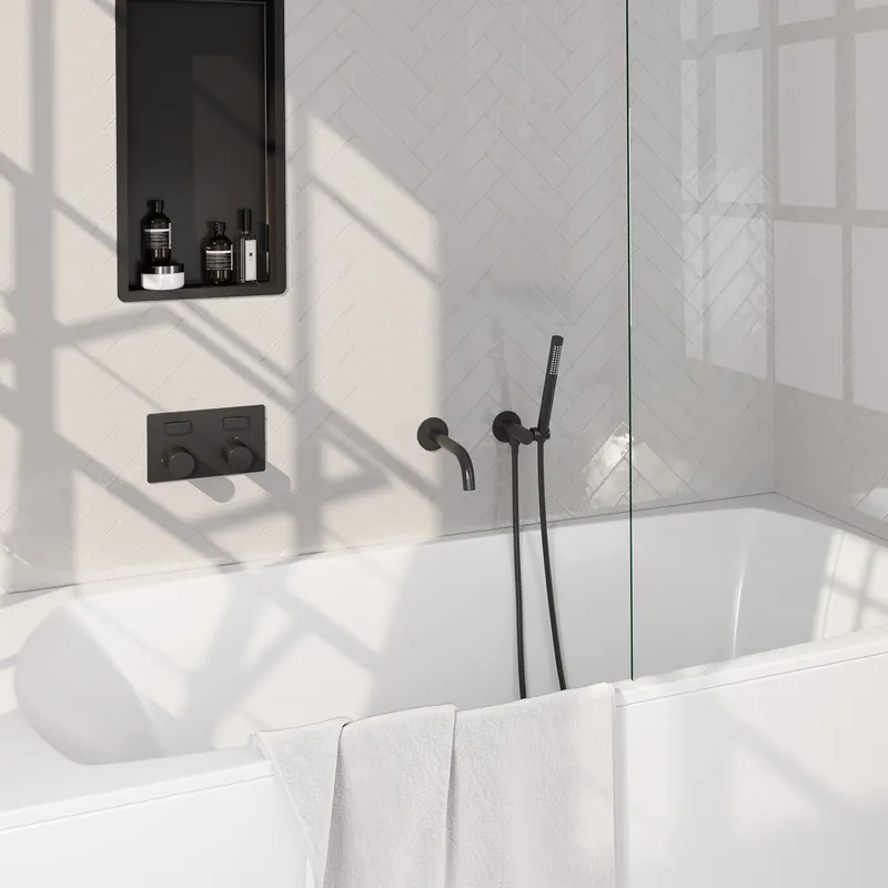 Lage Kosten Brauer Black Carving Thermostatische Inbouw Badkraan met Omstel, Uitloop, Drukknoppen, Wandhouder met Wateruitlaat, Staafhanddouche & Doucheslang - Set 3 - Geribbeld Draaiknoppen - Mat Zwart