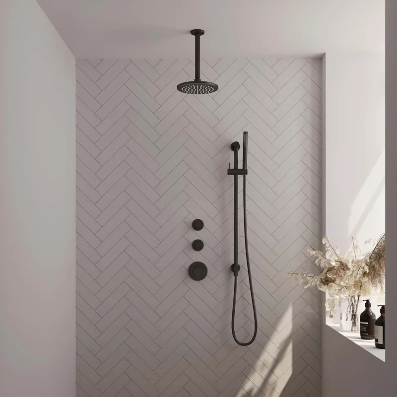 Direct Verzonden Brauer Black Editon Regendoucheset: Thermostatische Inbouwkraan met Stopkranen, Plafondarm, Douchekop 20cm, Glijstang met Wateruitlaat, Staafhanddouche & Doucheslang - Set 17 - Draaiknoppen - Mat Zwart