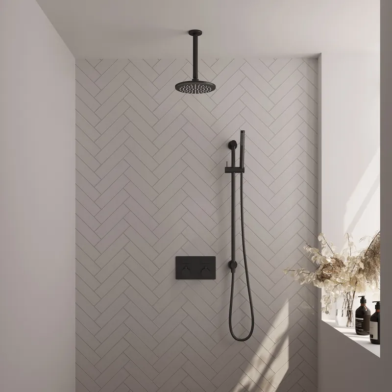 Brauer Black Editon Regendoucheset: Thermostatische Inbouwkraan met Drukknoppen, Plafondarm, Douchekop 20cm, Glijstang met Wateruitlaat, Staafhanddouche & Doucheslang - Set 65 - Draaiknoppen - Mat Zwart Hoge Kwaliteit
