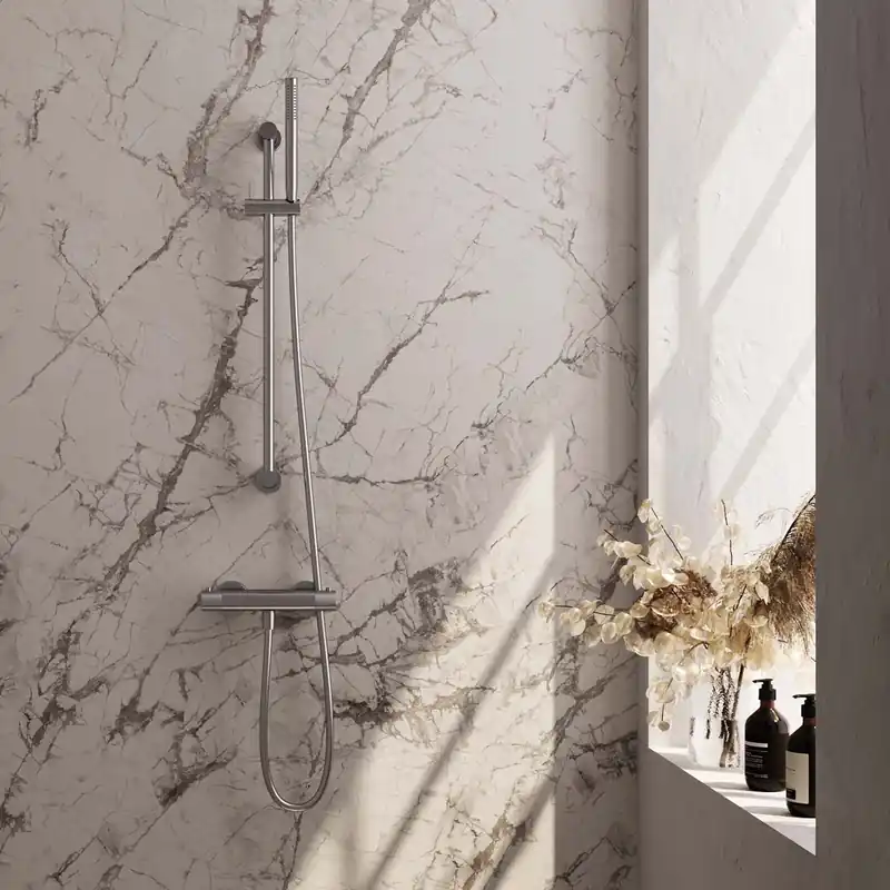 Brauer Brushed Carving Doucheset: Thermostatische Opbouwkraan met Glijstang, Staafhanddouche & Doucheslang - Set 1 - Geribbeld Draaiknoppen - PVD - Geborsteld RVS Rechtstreeks Van De Fabrikant
