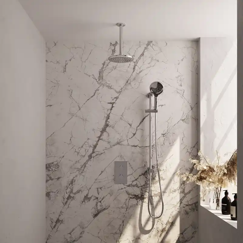 Hete Deal Brauer Chrome Carving Regendoucheset: Thermostatische Inbouwkraan met 3-Weg Omstel, Plafondarm, Douchekop 20cm, Glijstang met Wateruitlaat, 3-Standen Handdouche & Doucheslang - Set 47 - Geribbeld Draaiknoppen - Chroom
