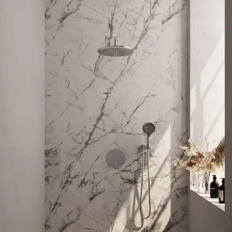 Tijdelijk Beschikbaar Brauer Chrome Edition Regendoucheset: Thermostatische Inbouwkraan met 3-Weg Omstel, Gebogen Wandarm, Douchekop 30cm, Wandaansluitbocht, 3-Standen Handdouche & Doucheslang - Set 82 - Draaiknoppen - Chroom