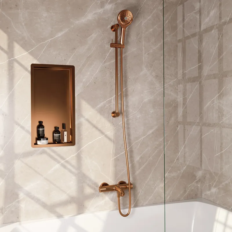 Brauer Copper Carving Thermostatische Opbouw Badkraan met Omstel, Glijstang, 3-Standen Handdouche & Doucheslang - Set 2 - Geribbeld Draaiknoppen - PVD - Geborsteld Koper Favoriet