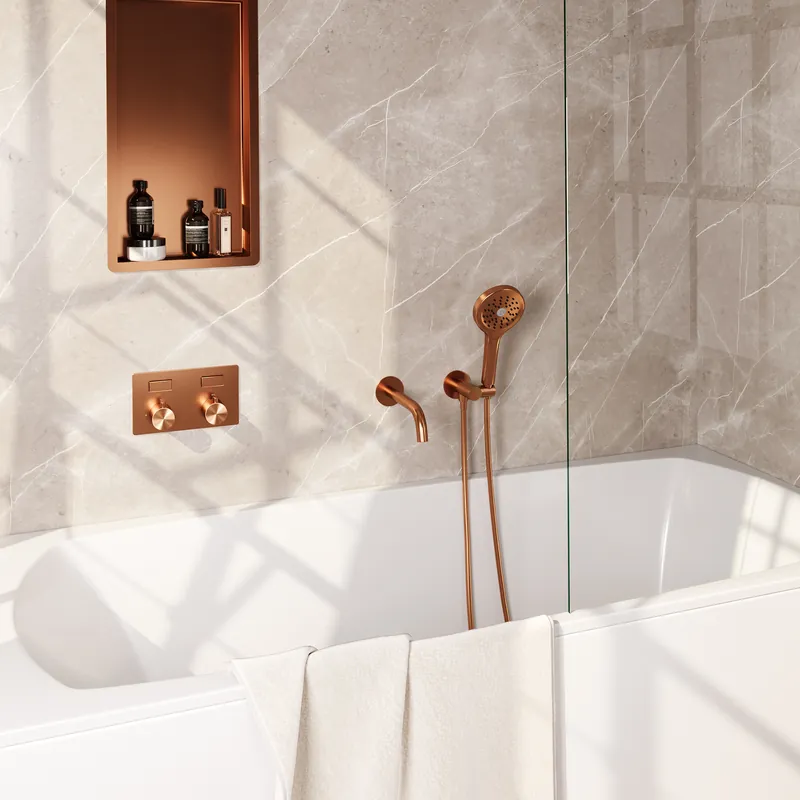 Gratis Retour Brauer Copper Edition Thermostatische Inbouw Badkraan met Omstel, Uitloop, Drukknoppen, Wandhouder met Wateruitlaat, 3-Standen Handdouche & Doucheslang - Set 4 - Draaiknoppen - PVD - Geborsteld Koper