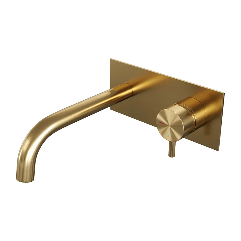 Brauer Gold Edition Inbouw Wastafelmengkraan met Gebogen Uitloop & Afdekplaat - Model B1 - Hendel Rechts - PVD - Geborsteld Goud Voordeelprijs