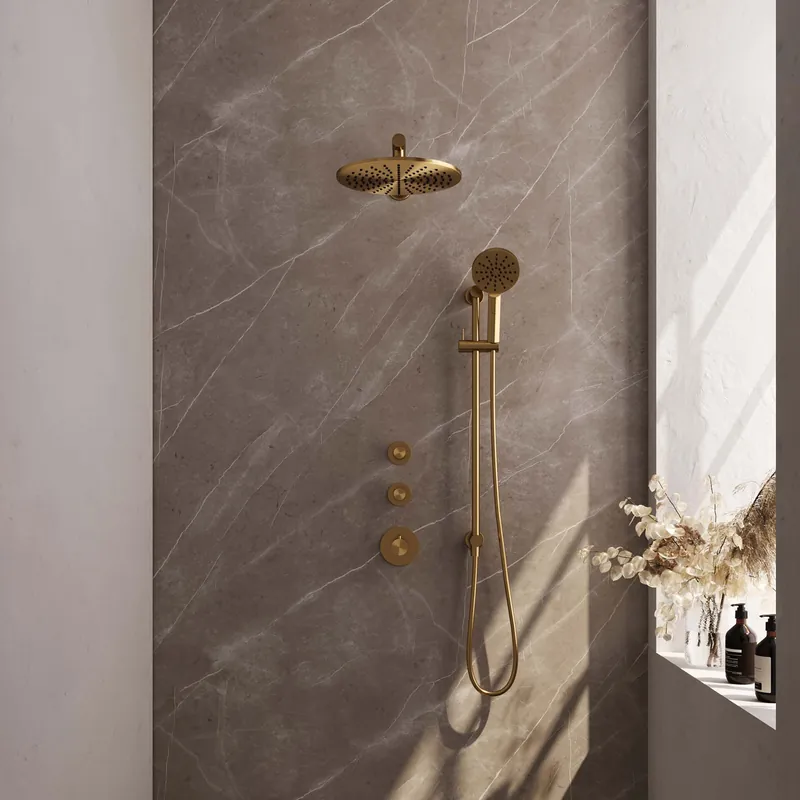 Aanbieding Brauer Gold Editon Regendoucheset: Thermostatische Inbouwkraan met Stopkranen, Rechte Wandarm, Douchekop 30cm, Glijstang met Wateruitlaat, 3-Standen Handdouche & Doucheslang - Set 20 - Draaiknoppen - PVD - Geborsteld Goud