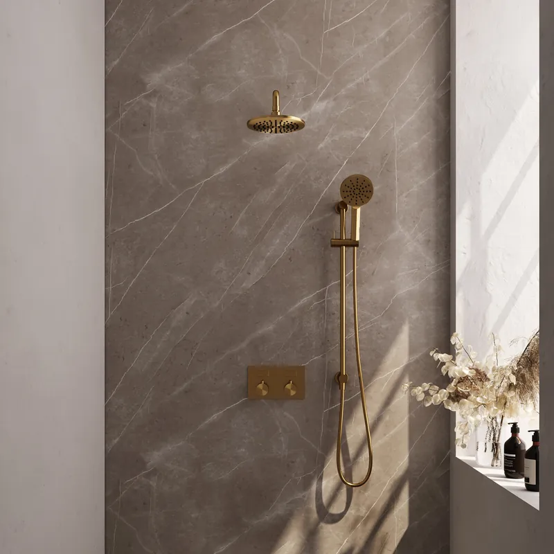 Alleen Vandaag Brauer Gold Editon Regendoucheset: Thermostatische Inbouwkraan met Drukknoppen, Gebogen Wandarm, Douchekop 20cm, Glijstang met Wateruitlaat, 3-Standen Handdouche & Doucheslang - Set 69 - Draaiknoppen - PVD - Geborsteld Goud